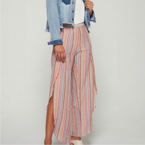 Anthropologie Drew Whitney Split Tulip Hem WIde Leg Linen Blend Pants Stripe S - Picture 1 of 10